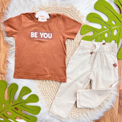 Conj. Camiseta Be You e Calça em Linho - Ferrugem e Areia